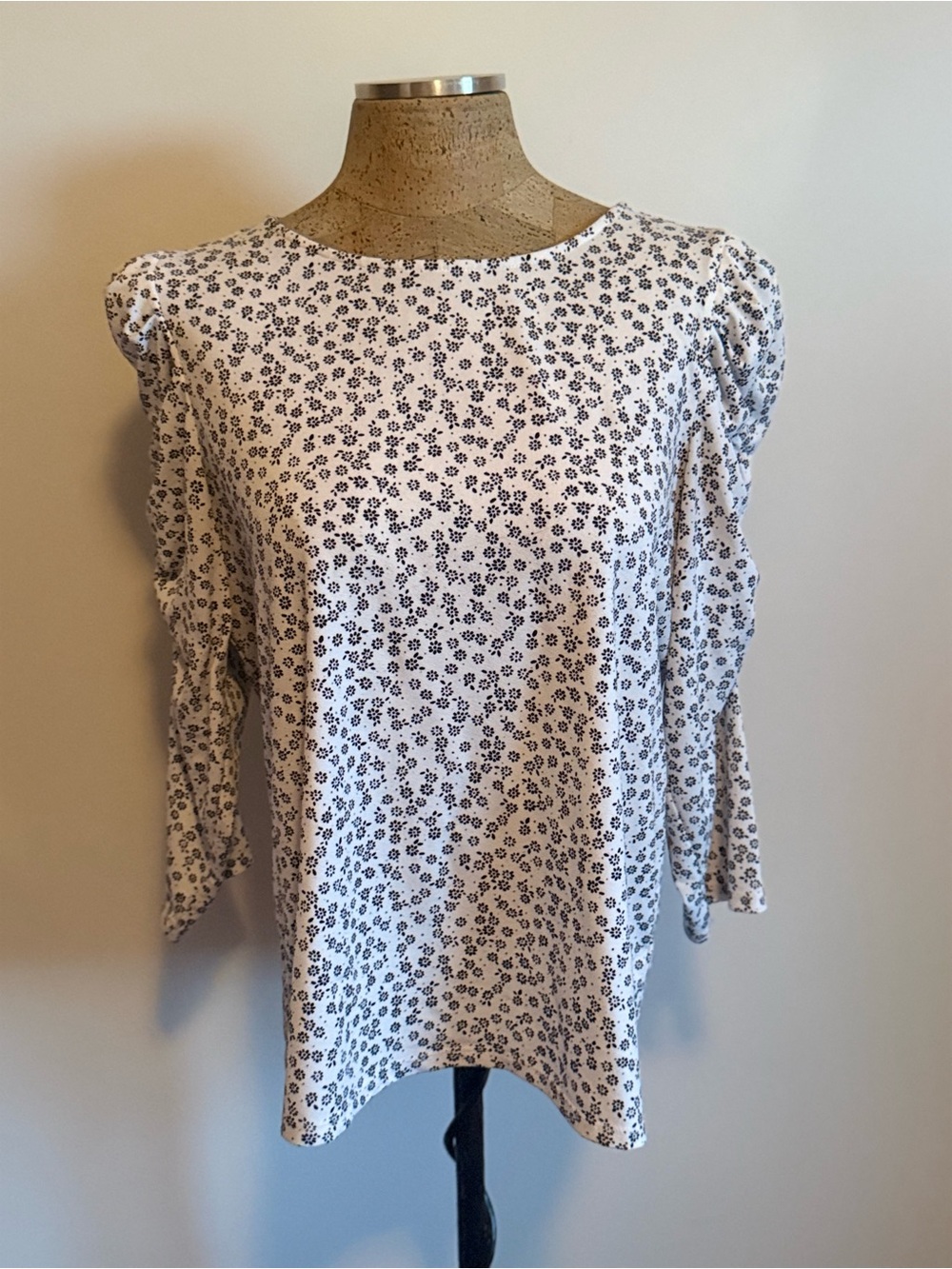 Adrianna Papell White Top with Navy Floral Print and Ruffle Sleeves